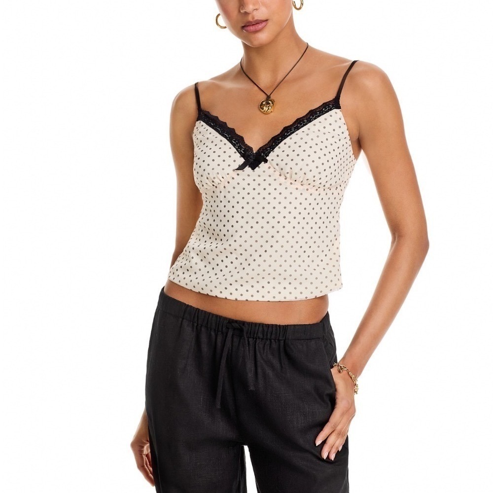 FORE Cream Black Polka Dot Chiffon Lace Trim V-Neck Camisole Top TI6034BL Medium
